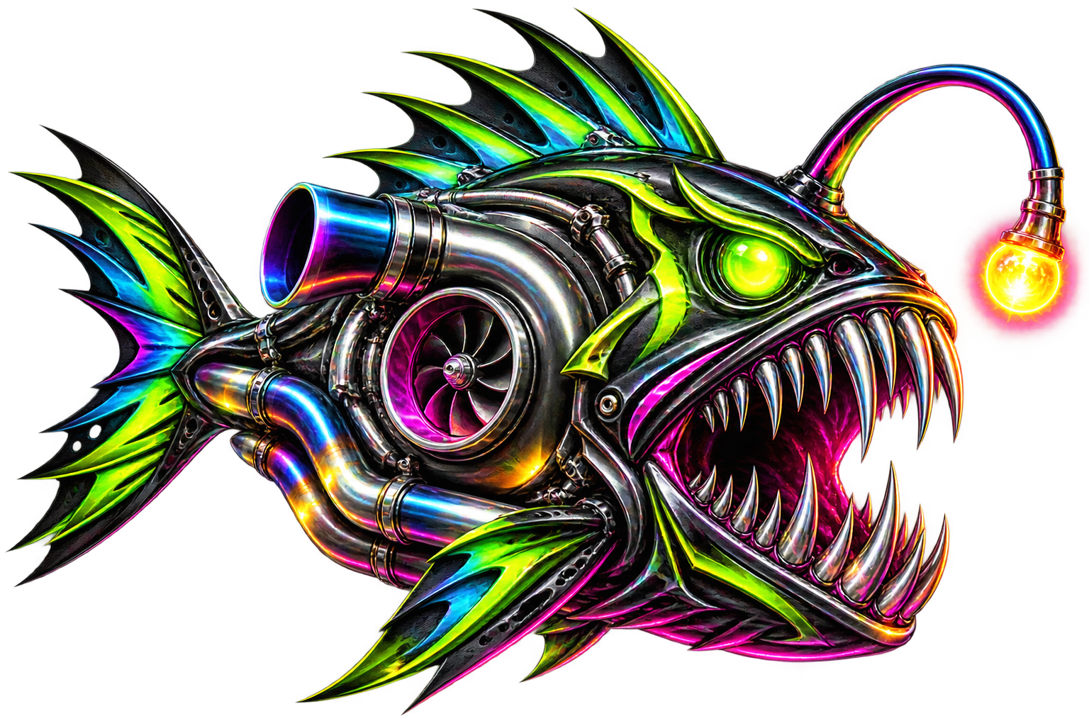 Neon mechanical angler fish with a turbocharger