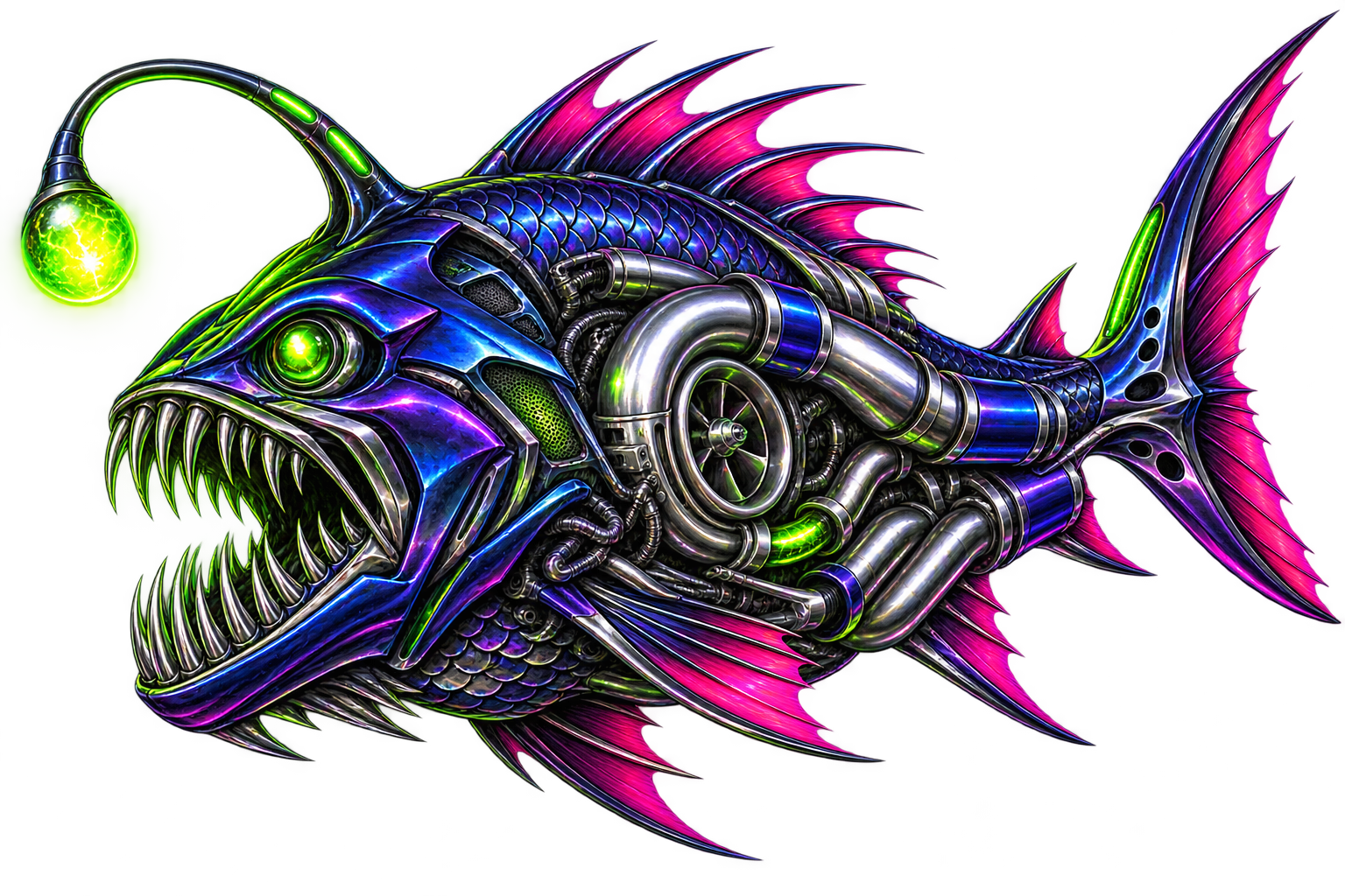 Blue, magenta and chrome mechanical angler fish